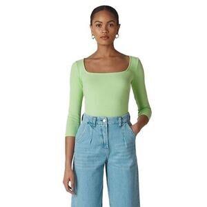 WHISTLES Top Womens Sz 6 Lime Green Fitted‎ Ribbed Knit Square Neck Capsule NEW